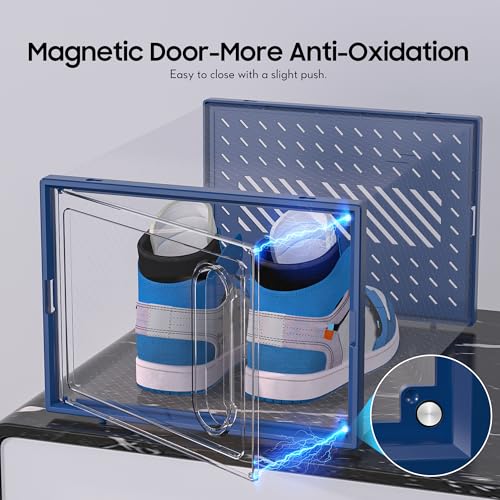 eWonLife Large Shoe Organizer Storage Box with Magnetic Door,12 Pack Clear Plastic Stackable Sneaker Containers for Closet, Connect Left and Right Shoe Box for Entryway, Drop Front, Under Bed (Blue) - color: Blue