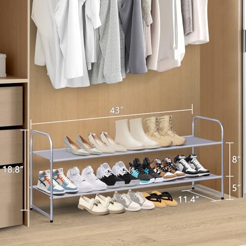 MISSLO 2 Tier Long Shoe Rack for Closet Shoe Organizer Holds 18-Pairs, Wide Low Stackable Shoe Storage Shelf for Bedroom Floor, Men Boots, Women Heels, Kids Sneakers (Grey) - color: Grey, size: 2 Tier