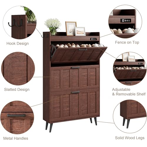 ChooChoo Shoe Storage Cabinet with 3 Flip Drawers, Deodorizing Shoe Organizer Storage for Entryway, Freestanding Hidden Slim Narrow Shoe Rack Cabinet, Walnut - color: Walnut, size: 3-Drawers