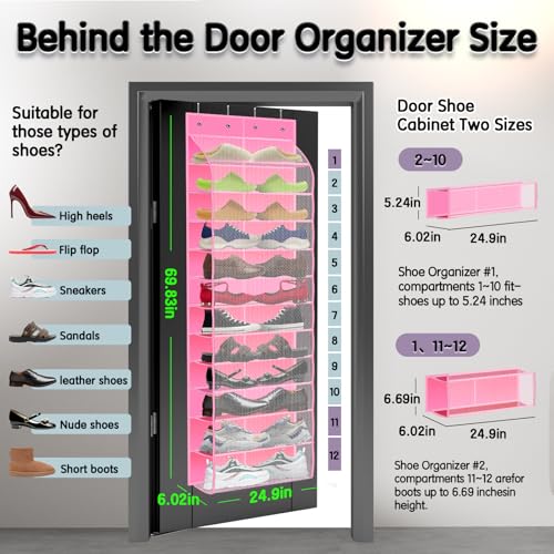 Kotkn Over The Door Shoe Organizer with 12 Large Breathable Pockets - Durable Hanging Storage for the Entire Family's Shoes (Pink) - color: Pink