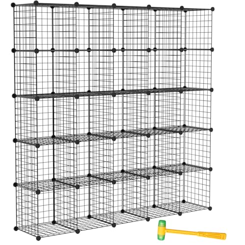 TUMUCUTE Wire Cube Storage Organizer, 25-Cube Modular Mental Grids Bookshelf, DIY Stackable Closet Cabinet for Bedroom Living Room, Office, Iron - color: Iron, size: 25 Cubes