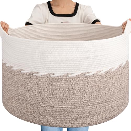 OIAHOMY 125L Extra Large Blanket Basket, 25" x 16", Jumbo Laundry Hamper, Cotton Rope Basket with Handles for Living Room,Baby Toy Storage Bins, Brown - color: Brown, size: 25" x 25" x 16"