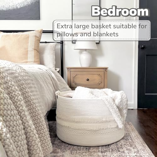 CherryNow 22"x22"x14" Large Blanket Basket, Home Décor for Living Room Bedroom, Boho Decorative Laundry Basket for Clothes, Baby Toy Storage, White - color: Off-white, size: 83L (22"W x 14"H)