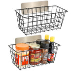 2 Pack Hanging Wall Basket Wire Storage Baskets, Adhesive Basket for Cabinet Door Organizer No Drilling, Hanging Fruit Baskets for Kitchen, Pantry Organization, Bathroom, Black - style: No Drilling,2pack