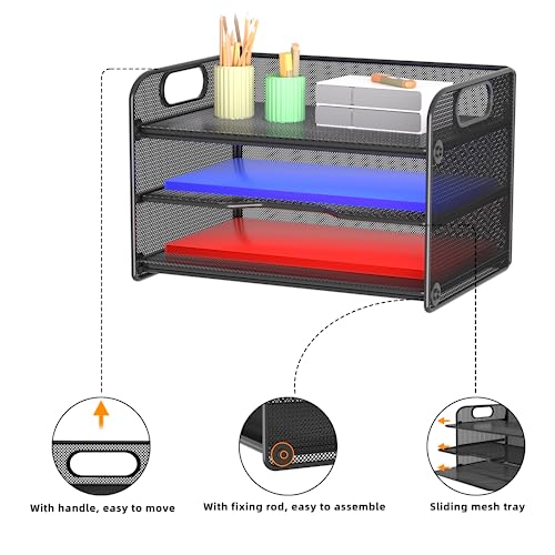 Samstar 3 Tier Letter Tray Paper Organizer with Handle, Mesh Desk Organizer Paper Sorter File Rack Shelves, Black - color: Black 3 Tier Pack of 1
