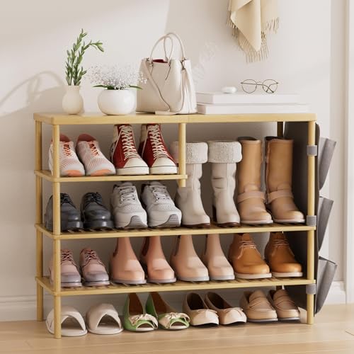 Bamboo Shoe Rack, 4 Tiers Shoe Organizer for Closet, Shoes Storage for 20-24 Pairs, Freestanding Shoe Shelf with Removable Pocket for Entryway Bedroom Front Door Dorm - color: Natural Color