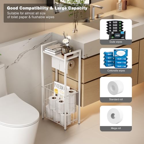 VOLDRA Toilet Paper Holder Stand with Storage Shelf, Free Standing Toilet Paper Roll Holder with Large Basket Heavy Duty Floor Double Tissue Dispenser for Bathroom Freestanding Tp Holder (Matte White) - color: White, size: Free Standing