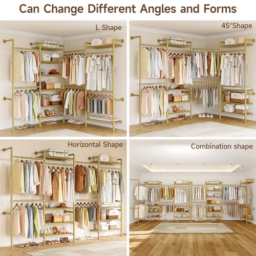 ONBRILL L4 Wall Mounted Industrial Pipe Clothing Rack, Closet Organizer System with 6 Hanging Clothes Rods ( 4 Expandable Rods) & 8 Shelves, Heavy Duty Corner Garment Rack, Large Wardrobe - Gold - color: Gold