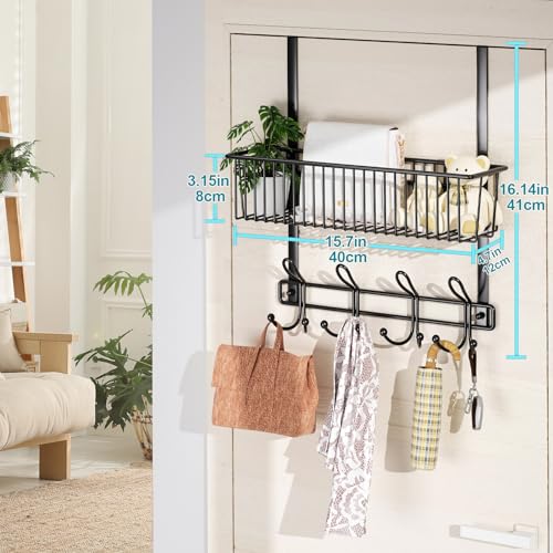 Kaiferty Over The Door Hooks Organizer,Door Hanger Door Storage with Basket,Over The Door Towel Rack Coat Hooks with 12 Hooks,for Bathroom,Bedroom,Kitchen,Office,Apartment(Black) - color: 1 Wire Basket-Black