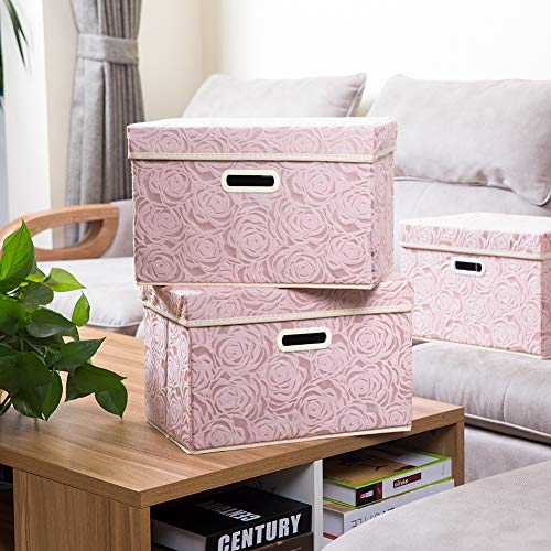PRANDOM Collapsible Storage Boxes with Lids Fabric Decorative Storage Bins Cubes Organizer Containers Baskets with Cover Handles Divider for Bedroom Closet Living Room 14.9x9.8x9.8 Inch 3 Pack - color: Pink, size: Medium(3-Pack)