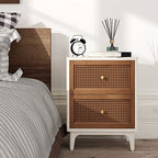 COZAYH Set of 2 Fully-Assembled 2-Drawer Woven Cane Front Accent Nightstand with Brass Knobs, Distressed White - color: Distressed White, style: 2 Drawer/2 pack
