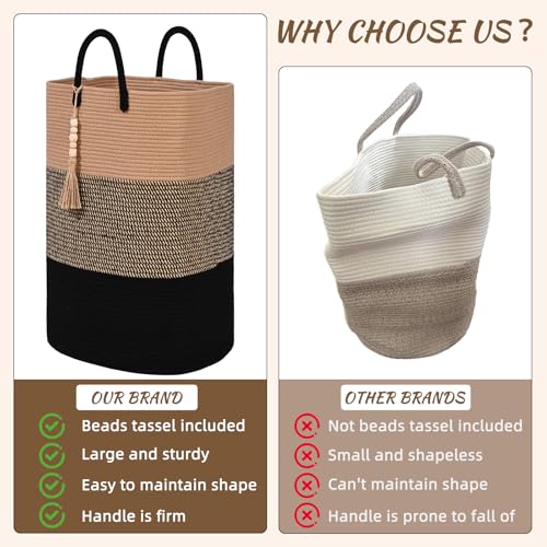 Woven Laundry Basket for Clothes, 65L Large Rectangle Laundry Hampers with Beads Tassel, Nursery Storage Basket for Toys, Tall Dirty Clothes Hamper for Bedroom Aesthetic, Laundry Room Organization - color: Brown&Black, size: 65L