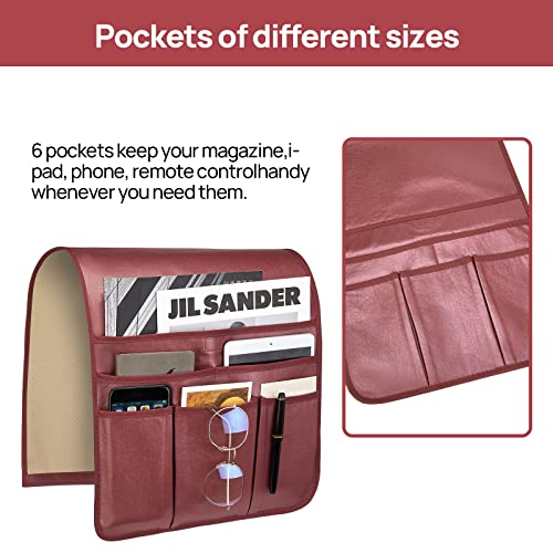 Teniux Remote Control Holder Faux Leather Armrest Organizer with 6 Pockets for recliner couch sofa, Armchair Caddy for Smart Phone, Book, Magazines, Ipad, Remotes (Rose Wine) - color: Rose Wine