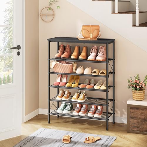 Tajsoon 6 Tier Shoe Rack Organizer for 20-24 Pairs of Shoes, Metal Mesh Shoe Shelf for Closet, Industrial Shoe Rack for Entryway Shoe Storage with X Shape Fixed Frame, Black - color: Black, size: 6-Tier