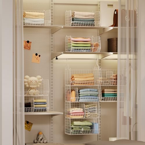 4 Tier Extra Large Hanging Closet Organizer ,Closet Organizer Hanging with 5 S Hooks 4 Dividers,Clothes Organizer Clothing Sweaters Clutches Handbags Hats Accessories-White - color: White, size: 4-Tier