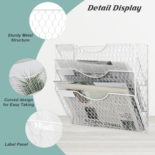 EASEPRES Mail Organizer Wall Mount Hanging File Holder Storage, Metal Chicken Wire Magazine Rack 3 Tier, White - color: White, size: 3 Tier
