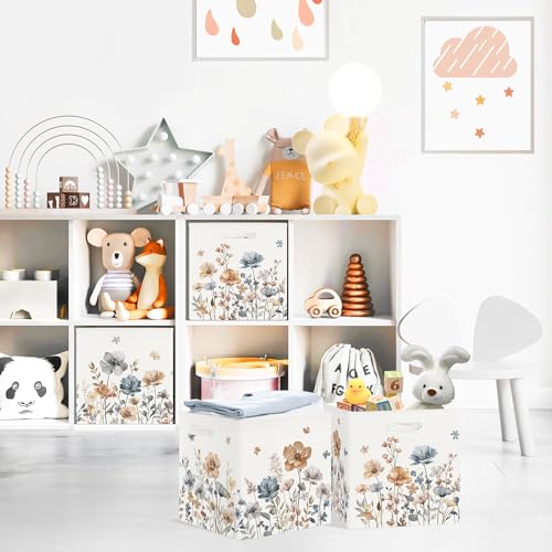 Clastyle Flowers Storage Cube Organizer Set Handle Closet Clothes Cube with Metal Frame Foldable Parents Organizer Storage Basket for Book Toy,Boho Brown,11.8x11.8x11.8 in - color: Brown
