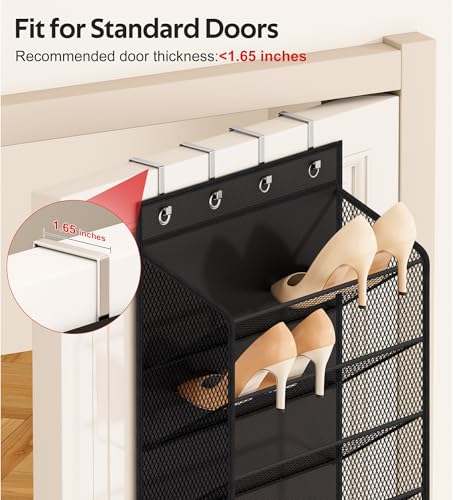Soarine 12 Tier Over the Door Shoe Organizer for Closet, Holds 24 Pairs Hanging Shoe Rack for Door with Mesh Pockets, Narrow Shoe Holder Hanger for Sneakers, Boots (Black)