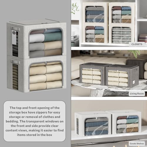 4 Pack Clothes Storage Bins with Metal Frame - 66L Stackable Storage Box with Lid，Foldable Storage Container Organizer for Clothes，Linen Fabric Storage Box with Clear Window＆Zippers＆Handles - color: Light Grey, size: 66L
