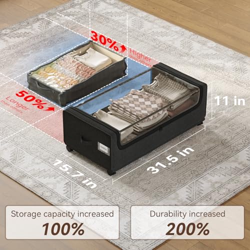 Under Bed Storage With Wheels, XXXXL Large Underbed Storage Organizer, 90L Capacity, for Shoes, Clothes, Blankets, Bedding - color: Black