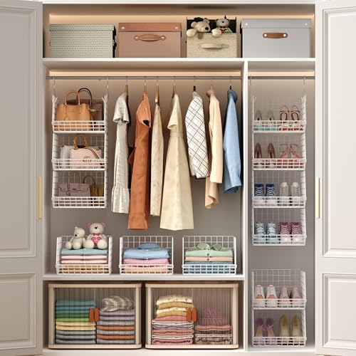 X-cosrack 4 Tier Closet Hanging Organizer, Foldable Closet Shelving with 2 Hanging Hooks 5 S Hooks, Wire Storage Basket for Wardrobe Laundry Room, for Clothing Sweaters Shoes Handbags Patent-White - color: White