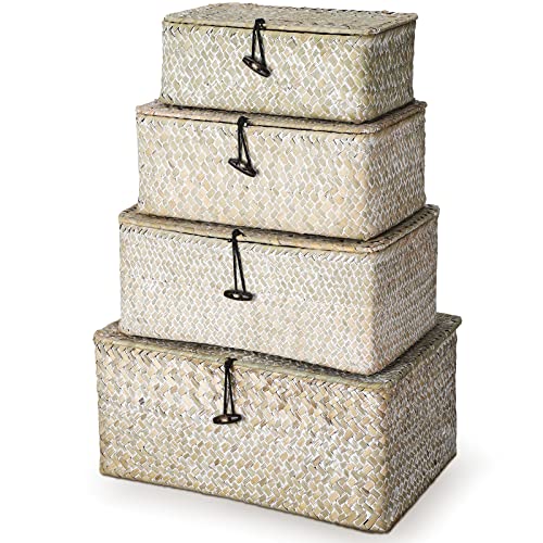 Woanger Set of 4 Wicker Storage Baskets Organizer，Handwoven Storage Bins with Lid for Organizing, Home Utility Box for Home Office Supplies Multipurpose Container(White) - color: White