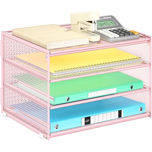 Lavatino 3-Tier Letter Tray Desk Paper Organizer – Pink Mesh Metal File Tray Organizer for Desk, Office Supplies & Home Organization | Fits A4/Letter Paper, Mail, Magazines and Office Accessories - color: 4-tier No Handle - Pink