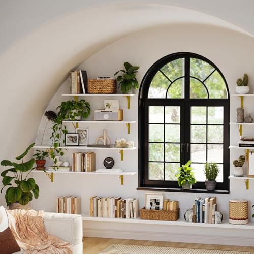 DINZI LVJ Long Wall Shelves, Set of 4, 31.5Inch Wall Mounted Shelves, Floating Shelves for Wall Storage with Metal Brackets, for Living Room, Bathroom, Bedroom, Kitchen, White and Gold - color: White+gold, size: 31.5 Inch (4 Pack)