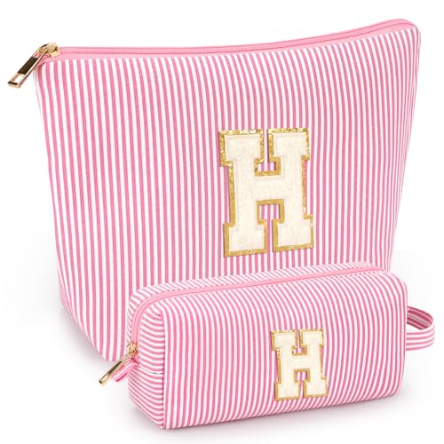 2 PCS Initial Makeup Bags for Women: Cosmetic Bag for Travel Toiletry - Birthday Gifts for 11 12 13 14 15 16 17 18 Years Old Girl Graduation Teacher Gift- Teen Girl Gifts Trendy Stuff - Pink H - color: Pink, style: H