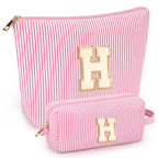 2 PCS Initial Makeup Bags for Women: Cosmetic Bag for Travel Toiletry - Birthday Gifts for 11 12 13 14 15 16 17 18 Years Old Girl Graduation Teacher Gift- Teen Girl Gifts Trendy Stuff - Pink H - color: Pink, style: H