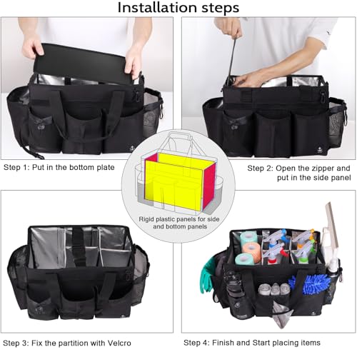 Large Wearable Cleaning Caddy Bag with Detachable Divider, Cleaning Organizer with Handles, Cleaning Supply Tote with Adjustable Shoulder Strap&Waist Belt for Cleaners & Housekeeper (Black) - color: Black
