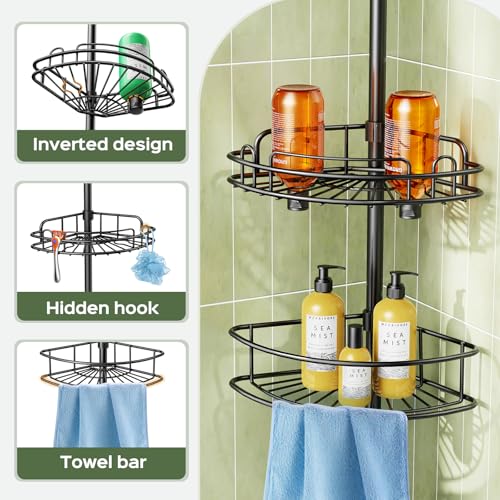 HAMITOR Corner Shower Caddy Tension Pole: 4-Tier Rust-Resistant Adjustable Bathroom Organizer Shelves - 47-121 Inch No-Drill Quick Installation - Space-Saving Storage for Renters Families - Black - color: black