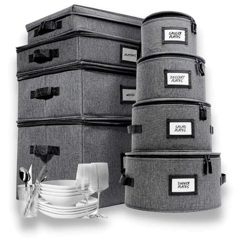 HOMELUX THEORY 8pcs Hard Shell China Storage Containers, Mug Storage, Wine Glass, Utensils, & Plate Storage Containers with Lid, Heavy Duty Dinnerware Storage for Packing Plates, Glassware & Cutlery - color: Dark Gray, size: 1. Full Storage Set - 8 Piece