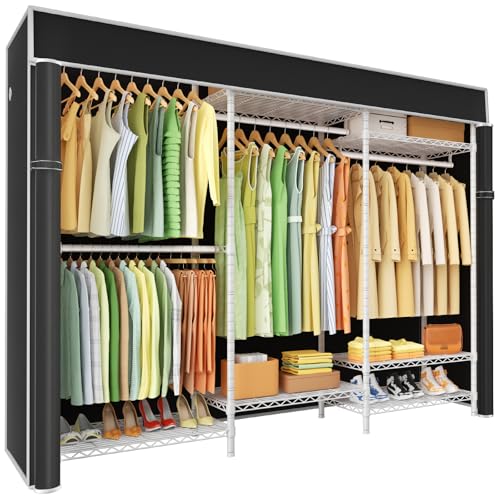 Ulif E13C Heavy Duty Closet Organizer System，Freestanding Clothing Racks for Hanging Clothes，Adjustable Garment Rack 63" W x 16" D x 77" H Hold 960 lbs，White Clothing Rack with Black Dustproof Cover - color: White Rack with Black Cover, size: E13C