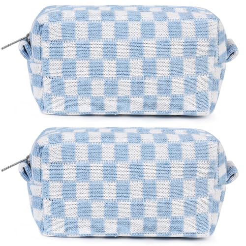 SOIDRAM 2 Pack Checkered Makeup Bag for Women, Cute Makeup Pouch Small Makeup Bag Travel Cosmetic Organizer for Toiletries, Brushes & Skincare - color: Light Blue, size: 2 Pack
