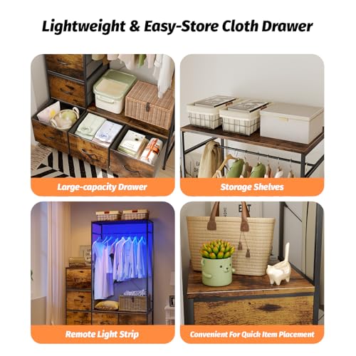 Clothing Rack with Fabric Drawers & LED Lights, 39.4W*57H Dresser with Hanging Rack, Free Standing Wardrobe Closet with Shelves, Closet Organizer with Drawers for Bedroom, Small Space, Apartment - color: Brown