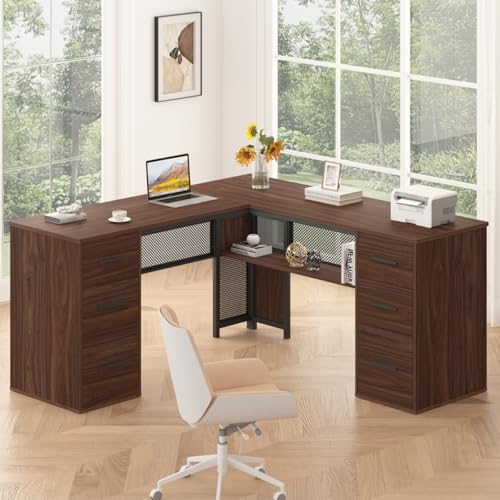 HSH Large L Shaped Executive Desk with Drawers, Home Office Metal Wood Computer Desk for Work Writing Study Gaming, Rustic L-Shaped Walnut Desk Table with File Drawer, Storage Cabinet Shelves, 59 in - color: Walnut
