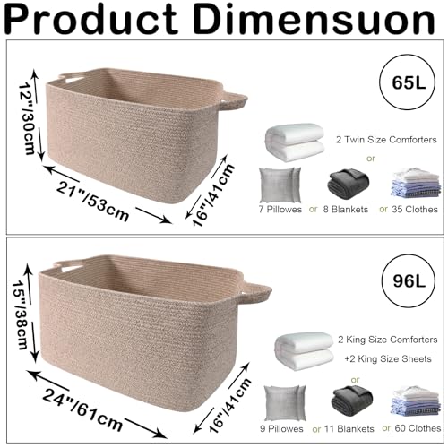96L Large Blanket Basket,24"x16"x15"Rectangle Storage Bin with Handles,Woven Rope Laundry Basket for Toys, Clothes,Magazines,Home Organization,Nursery,Living Room & Bedroom,Brown - color: Brown, size: 24"x16"x15"(96L)
