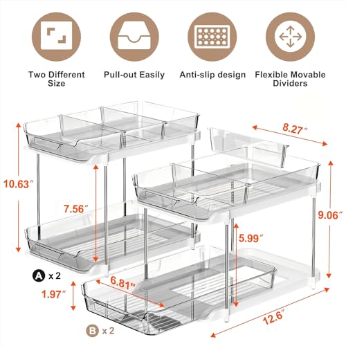 Delamu 2-Tier Multi-Purpose Bathroom Under Sink Organizers and Storage, Stackable Kitchen Pantry Organization, Pull Out Medicine Cabinet Organizer with Movable Dividers, Grey, 4 Pack - color: Grey, size: 4 Pack