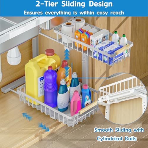 2Pcs Under Sink Organizer, Adjustable Under Sink Organizers and Storage, 2-Tier Pull Out Under Kitchen Sink Organizer, Sliding Out Metal Under Bathroom Sink Organizer for Kitchen Pantry White - color: White