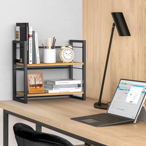 Office Desk Shelf Organizer, Wood Desktop Bookshelf Supplies Storage Rack, Shelf for Top of Desk and Dresser (Black-2 Tier) - color: Black