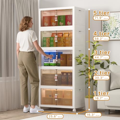 UAMFURI Extra Large Stackable Storage Bins with Lids & Wheels, 600QT-120QT/30GAL*5Pack Foldable Collapsible Closet Organizers Storage Cabinet with Doors for Bedroom Dorm - color: white, size: 5PACK-25"W16"D72"H