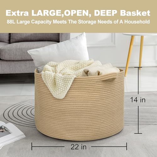 MEGASKET Extra Large Storage Basket, 22" X 22" X 14" Stuffed Animal Basket for Living Room Kids Room, Soft Cotton Rope Bin With Handle, Throw Blanket Storage, Stuffed Animal Toy Organizer Box - color: Jute, size: 22"x22"x14"