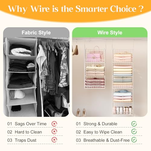 Yuyetuyo ﻿5 Tier Hanging Closet Organizer Separable Hanging Closet Shelves with 4 Hooks 2 Adjustable Dividers, Wire Storage Basket Bins for Clothing Sweaters Socks Dolls Handbags, Foldable - color: White, size: 5-Tier