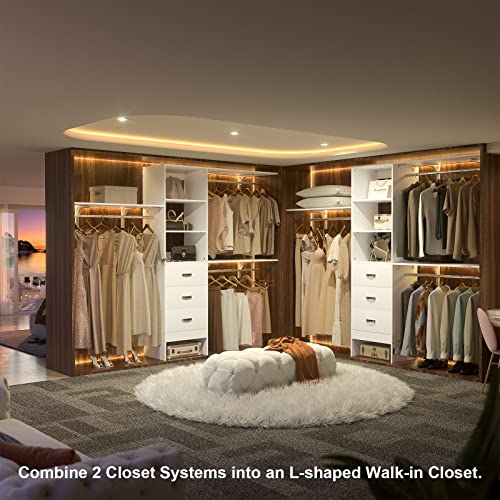 Armocity 96 Inches Closet System, 8FT Walk In Closet Organizer with 3 Shelving Towers, Heavy Duty Clothes Rack with 3 Drawers, Built-In Garment Rack, 96" L x 16" W x 75" H, Max Load 1000 LBS, White - color: White