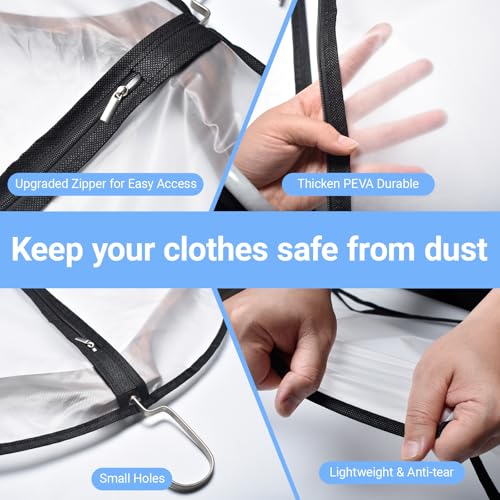 Garment Bag Covers (24''X55'' Set of 12) Lightweight White PEVA Breathable Bags with Study Full Zipper for Coat Protector Travel Laundry Wardrobe Closet - color: Black-Translucent, size: 24''X55''-12P