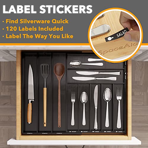 SpaceAid Bamboo Silverware Drawer Organizer with Labels, Kitchen Utensil Expandable Tray Holder Organizer for Flatware, Cutlery, Spoon and Knives Drawer Storage Organization (Black, 10 Slots) - color: Black