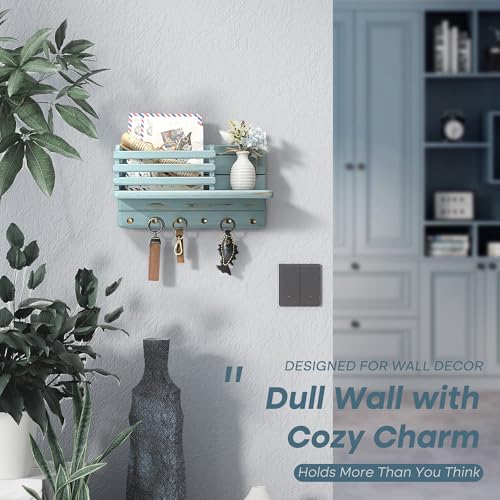 Rebee Vision Pine Wood Key Holder Wall Mount for Home Decor - 6 Hooks for Hats, Essential Home Organizer - Farmhouse Key Holder for Wall Mail Slot Can Store Letters & Files (Blue) - color: Blue