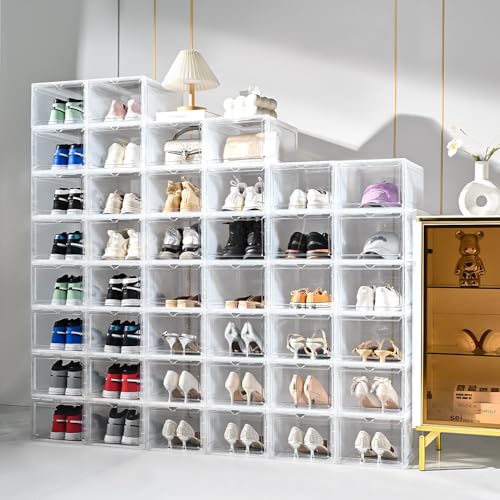 Large Shoe Boxes Clear Plastic Stackable，Drop Front Shoe Box with Clear Door, Shoe Containers For Sneaker Display,Fit up to US Size12 - color: clear, size: 12 pack