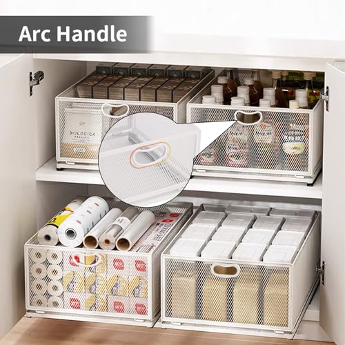 Sliding Cabinet Basket Organizer Drawer Self Adhesive Slide out Pantry Shelves Heavy Duty Carbon Steel Slide Cabinet Storage Basket with Handle for Bathroom Kitchen Home - size: Large